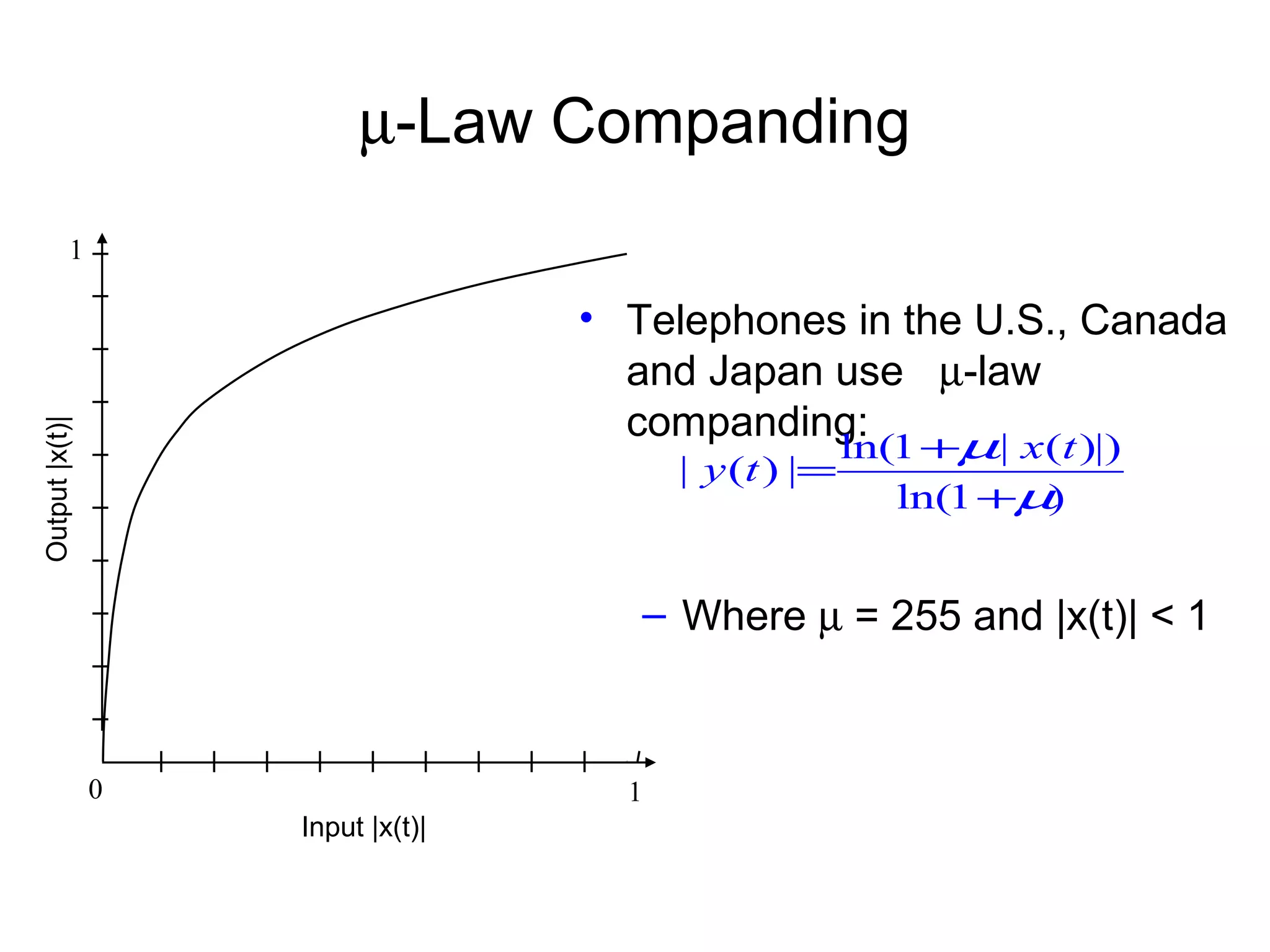 µ-Law Companding • Telephones in the U.S., Canada and Japan use µ-law companding: – Where µ = 255 and |x(t)| < 1 ln(1 | ( )|) | ( ) | ln(1 ) x t y t µ µ + = + 0 1 1 Input |x(t)| Output|x(t)| 