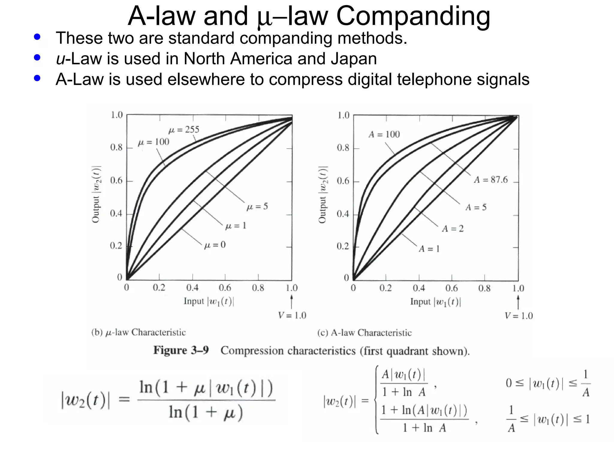 A-law and µ−law Companding • These two are standard companding methods. • u-Law is used in North America and Japan • A-Law is used elsewhere to compress digital telephone signals 