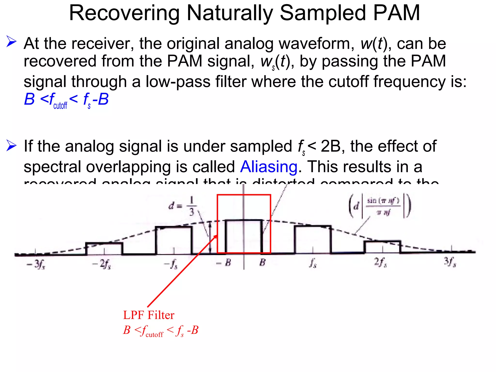 Recovering Naturally Sampled PAM  At the receiver, the original analog waveform, w(t), can be recovered from the PAM signal, ws(t), by passing the PAM signal through a low-pass filter where the cutoff frequency is: B <fcutoff < fs -B  If the analog signal is under sampled fs < 2B, the effect of spectral overlapping is called Aliasing. This results in a recovered analog signal that is distorted compared to the original waveform. LPF Filter B <fcutoff < fs -B 
