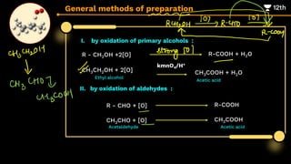I. by oxidation of primary alcohols :
General methods of preparation
R - CH2OH +2[O] R-COOH + H2O
CH3CH2OH + 2[O]
kmnO4/H+
CH3COOH + H2O
II. by oxidation of aldehydes :
Ethyl alcohol
Acetic acid
R - CHO + [O] R-COOH
CH3CHO + [O] CH3COOH
Acetaldehyde Acetic acid
 