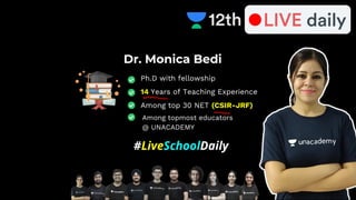 Dr. Monica Bedi
Ph.D with fellowship
14 Years of Teaching Experience
Among top 30 NET (CSIR-JRF)
#LiveSchoolDaily
Among topmost educators
@ UNACADEMY
 