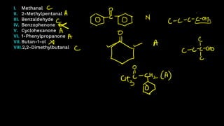 I. Methanal
II. 2-Methylpentanal
III. Benzaldehyde
IV. Benzophenone
V. Cyclohexanone
VI. 1-Phenylpropanone
VII. Butan-1-ol
VIII.2,2-Dimethylbutanal
 