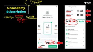 MBLIVE
22, 500
24 months
CHLIVE Apply
CHLIVE
22, 500
24 months
12 months
13, 500
MBLIVE Apply
Unacademy
Subscription
 