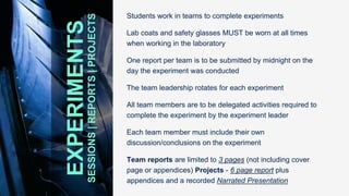 Students work in teams to complete experiments
Lab coats and safety glasses MUST be worn at all times
when working in the laboratory
One report per team is to be submitted by midnight on the
day the experiment was conducted
The team leadership rotates for each experiment
All team members are to be delegated activities required to
complete the experiment by the experiment leader
Each team member must include their own
discussion/conclusions on the experiment
Team reports are limited to 3 pages (not including cover
page or appendices) Projects - 6 page report plus
appendices and a recorded Narrated Presentation
EXPERIMENTS
SESSIONS
|
REPORTS
|
PROJECTS
 