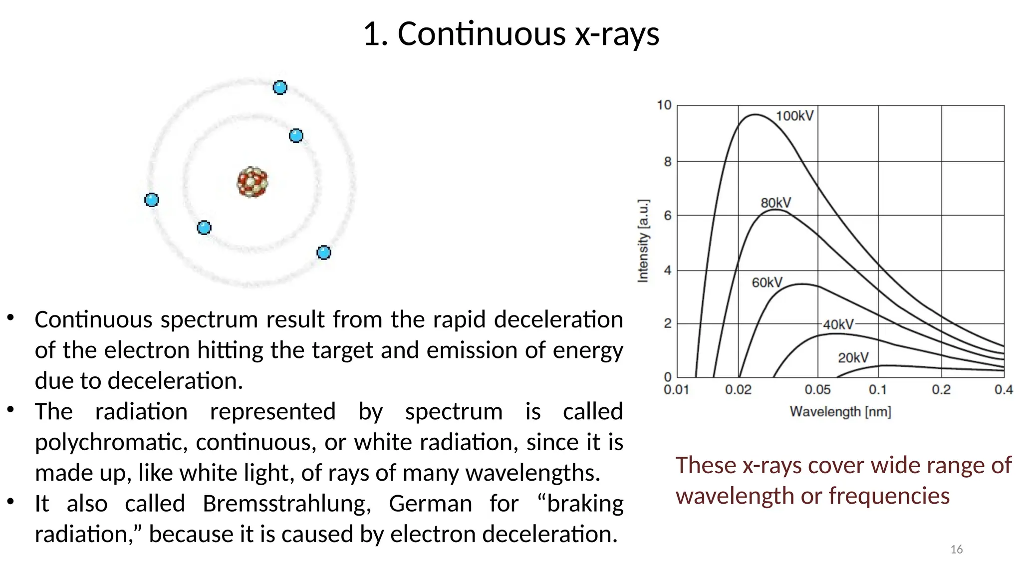 16
These x-rays cover wide range of
wavelength or frequencies
1. Continuous x-rays
• Continuous spectrum result from the rapid deceleration
of the electron hitting the target and emission of energy
due to deceleration.
• The radiation represented by spectrum is called
polychromatic, continuous, or white radiation, since it is
made up, like white light, of rays of many wavelengths.
• It also called Bremsstrahlung, German for “braking
radiation,” because it is caused by electron deceleration.
 