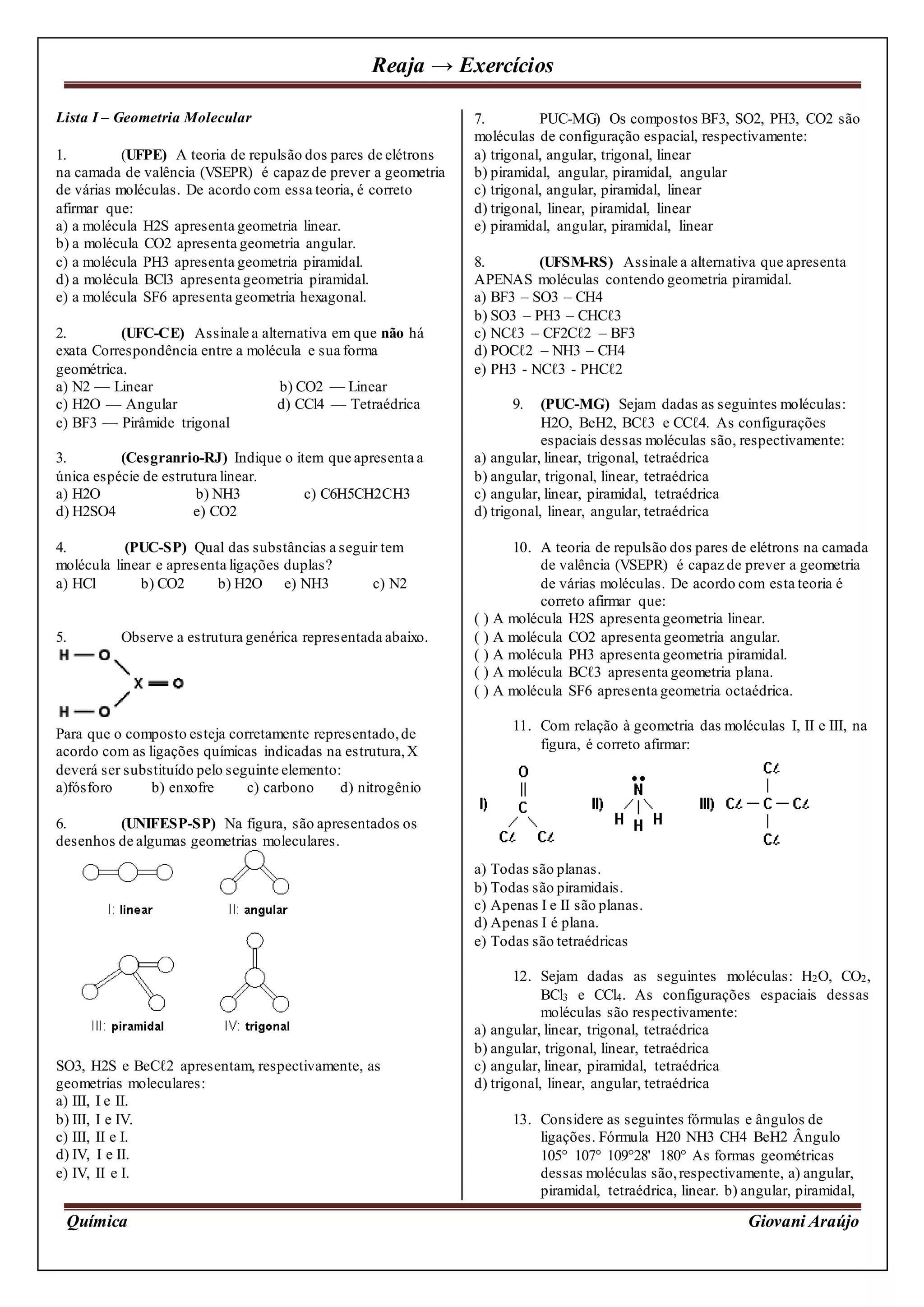 Exercícios Geometria Molecular | DOCX