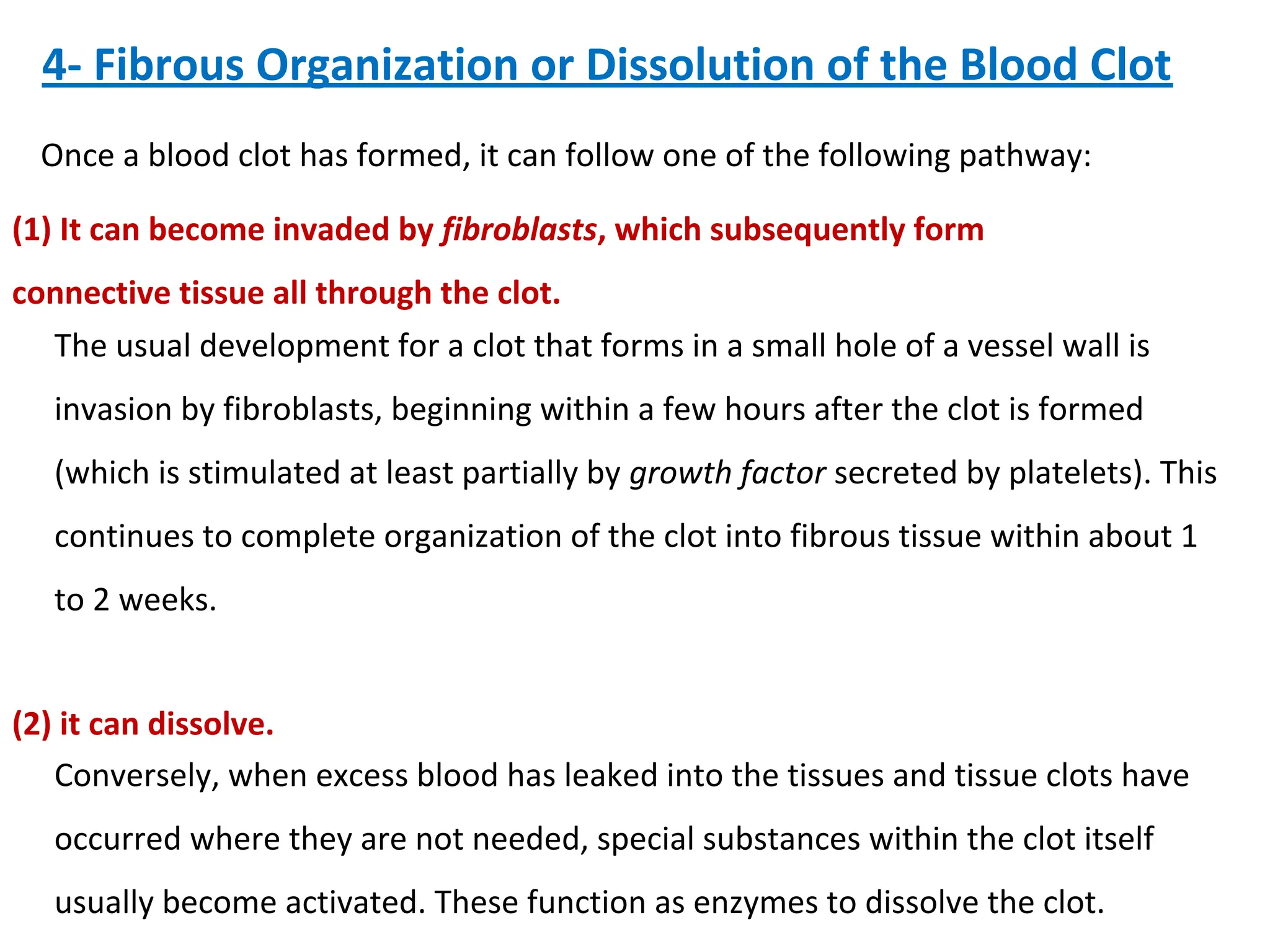 4- Fibrous Organization or Dissolution of the Blood Clot
Once a blood clot has formed, it can follow one of the following pathway:
Conversely, when excess blood has leaked into the tissues and tissue clots have
occurred where they are not needed, special substances within the clot itself
usually become activated. These function as enzymes to dissolve the clot.
(1) It can become invaded by fibroblasts, which subsequently form
connective tissue all through the clot.
(2) it can dissolve.
The usual development for a clot that forms in a small hole of a vessel wall is
invasion by fibroblasts, beginning within a few hours after the clot is formed
(which is stimulated at least partially by growth factor secreted by platelets). This
continues to complete organization of the clot into fibrous tissue within about 1
to 2 weeks.
 