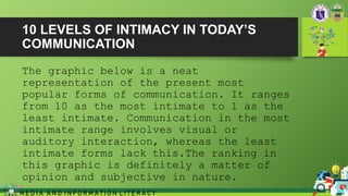 10 LEVELS OF INTIMACY IN TODAY’S
COMMUNICATION
The graphic below is a neat
representation of the present most
popular forms of communication. It ranges
from 10 as the most intimate to 1 as the
least intimate. Communication in the most
intimate range involves visual or
auditory interaction, whereas the least
intimate forms lack this.The ranking in
this graphic is definitely a matter of
opinion and subjective in nature.
M E D I A A N D I N F O R M A T I O N L I T E R A C Y
 
