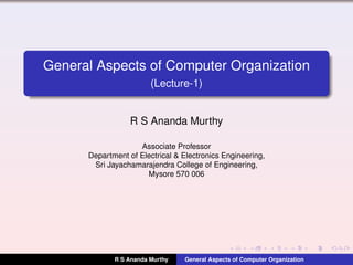 General Aspects of Computer Organization
(Lecture-1)
R S Ananda Murthy
Associate Professor
Department of Electrical & Electronics Engineering,
Sri Jayachamarajendra College of Engineering,
Mysore 570 006
R S Ananda Murthy General Aspects of Computer Organization
 