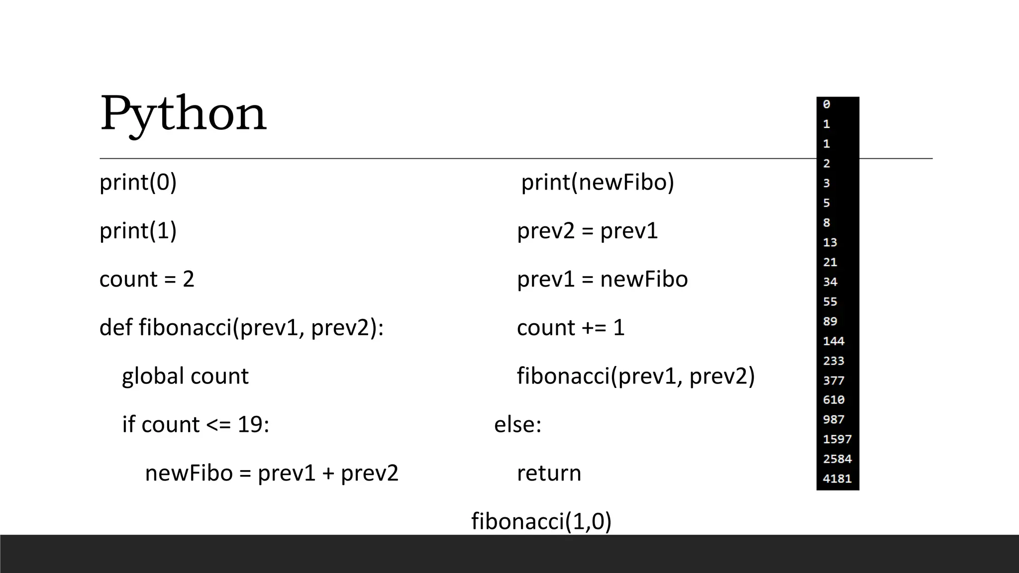 Python
print(0)
print(1)
count = 2
def fibonacci(prev1, prev2):
global count
if count <= 19:
newFibo = prev1 + prev2
print(newFibo)
prev2 = prev1
prev1 = newFibo
count += 1
fibonacci(prev1, prev2)
else:
return
fibonacci(1,0)
 