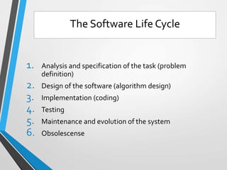 1. Analysis and specification of the task (problem
definition)
2. Design of the software (algorithm design)
3. Implementation (coding)
4. Testing
5. Maintenance and evolution of the system
6. Obsolescense
The Software Life Cycle
 