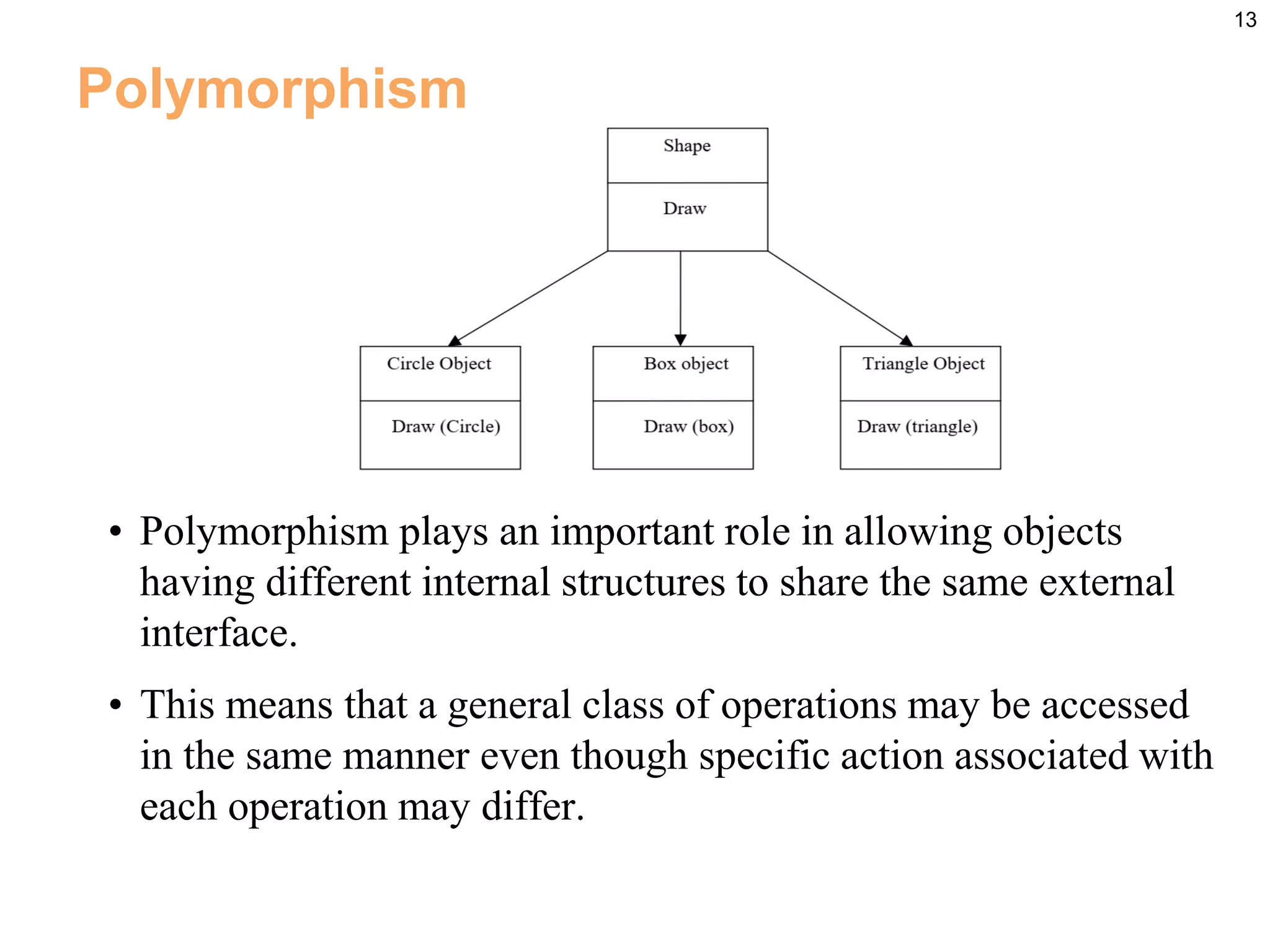 13
Polymorphism
• Polymorphism plays an important role in allowing objects
having different internal structures to share the same external
interface.
• This means that a general class of operations may be accessed
in the same manner even though specific action associated with
each operation may differ.
 