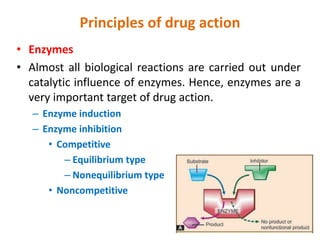 Principles of drug action
• Enzymes
• Almost all biological reactions are carried out under
catalytic influence of enzymes. Hence, enzymes are a
very important target of drug action.
– Enzyme induction
– Enzyme inhibition
• Competitive
– Equilibrium type
– Nonequilibrium type
• Noncompetitive
 