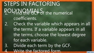 STEPS IN FACTORING
POLYNOMIALS1. Find the GCF of the numerical
coefficients.
2. Check the variable which appears in all
the terms. If a variable appears in all
the terms, choose the lowest degree
for each variable.
3. Divide each term by the GCF.
4. Write the factored form.
 