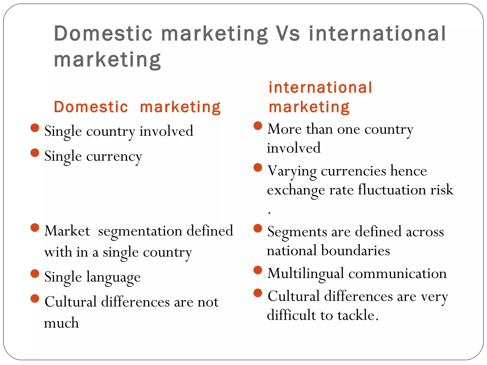 Domestic marketing Vs international
marketing
Domestic marketing
international
marketing
Single country involved
Single currency
Market segmentation defined
with in a single country
Single language
Cultural differences are not
much
More than one country
involved
Varying currencies hence
exchange rate fluctuation risk
.
Segments are defined across
national boundaries
Multilingual communication
Cultural differences are very
difficult to tackle.
 
