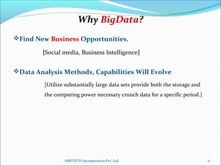 Why BigData?
Find New Business Opportunities.
[Social media, Business Intelligence]
Data Analysis Methods, Capabilities Will Evolve
[Utilize substantially large data sets provide both the storage and
the computing power necessary crunch data for a specific period.]
11AMSTECH Incorporation Pvt. Ltd.
 
