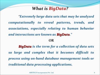 “Extremely large data sets that may be analyzed
computationally to reveal patterns, trends, and
associations, especially relating to human behavior
and interactions are known as BigDataBigData.”
OR
BigDataBigData is the term for a collection of data sets
so large and complex that it becomes difficult to
process using on-hand database management tools or
traditional data processing applications.
What is BigData?
6AMSTECH Incorporation Pvt. Ltd.
 