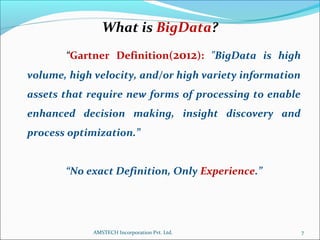 “Gartner Definition(2012): "BigData is high
volume, high velocity, and/or high variety information
assets that require new forms of processing to enable
enhanced decision making, insight discovery and
process optimization.”
“No exact Definition, Only Experience.”
What is BigData?
7AMSTECH Incorporation Pvt. Ltd.
 