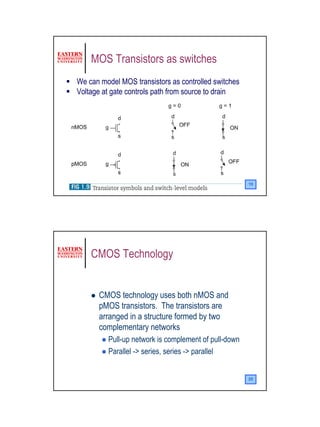 MOS Transistors as switches
We can model MOS transistors as controlled switches
Voltage at gate controls path from source to drain




                                                      19




    CMOS Technology


      CMOS technology uses both nMOS and
      pMOS transistors. The transistors are
      arranged in a structure formed by two
      complementary networks
         Pull-up network is complement of pull-down
         Parallel -> series, series -> parallel


                                                      20




                                                           10
 