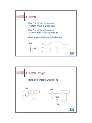 D Latch
         When CLK = 1, latch is transparent
           D flows through to Q like a buffer

         When CLK = 0, the latch is opaque
           Q holds its old value independent of D

         a.k.a. transparent latch or level-sensitive latch

          CLK               CLK


                            D
           Latch




    D              Q
                            Q
                                                                 39




        D Latch Design
         Multiplexer chooses D or hold Q


    CLK
                                         CLK
D                       Q                                    Q
    1
                        Q            D                       Q
    0
                                         CLK    CLK



                                                 CLK

                                                                 40




                                                                      20
 
