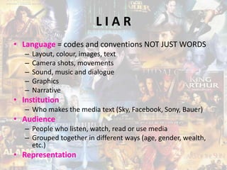 L I A R
• Language = codes and conventions NOT JUST WORDS
– Layout, colour, images, text
– Camera shots, movements
– Sound, music and dialogue
– Graphics
– Narrative
• Institution
– Who makes the media text (Sky, Facebook, Sony, Bauer)
• Audience
– People who listen, watch, read or use media
– Grouped together in different ways (age, gender, wealth,
etc.)
• Representation
 