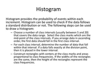 Histogram 
Histogram provides the probability of events within each increment. Histogram can be used to check if the data follows a standard distribution or not. The following steps can be used to draw a histogram: 
–Choose a number of class intervals (usually between 5 and 20) that covers the data range. Select the class marks which are the mid-point of the class intervals. If you arrange data in ascending order, the first data should fall in the first class interval. 
–For each class interval, determine the number of data that fall within that interval. If a data falls exactly at the division point, then it is placed in the lower interval. 
–Construct rectangles with centers at the class marks and areas proportional to class frequencies. If the widths of the rectangles are the same, then the height of the rectangles represent the class frequencies. 
 
