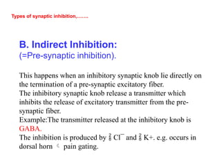 Types of synaptic inhibition,…….
B. Indirect Inhibition:
(=Pre-synaptic inhibition).
This happens when an inhibitory synaptic knob lie directly on
the termination of a pre-synaptic excitatory fiber.
The inhibitory synaptic knob release a transmitter which
inhibits the release of excitatory transmitter from the pre-
synaptic fiber.
Example:The transmitter released at the inhibitory knob is
GABA.
The inhibition is produced by  Cl¯ and  K+. e.g. occurs in
dorsal horn  pain gating.
 