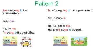 Pattern 2
Are you going to the
supermarket?
Yes, I am.
No, Im not.
Im going to the post office.
Is he/ she going to the supermarket ?
Yes, he/ she is.
No, he / she is not.
He/ She is going to the park.
 