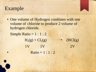 Example
●
One volume of Hydrogen combines with one
volume of chlorine to produce 2 volume of
hydrogen chloride.
Simple Ratio = 1 : 1 : 2
H2(g) + Cl2(g) 2HCl(g)
1V 1V 2V
●
Ratio = 1 : 1 : 2
 