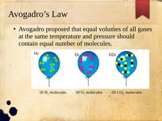 Avogadro’s Law
●
Avogadro proposed that equal volumes of all gases
at the same temperature and pressure should
contain equal number of molecules.
50 H2 molecules 50 O2 molecules 50 CO2 molecules
 