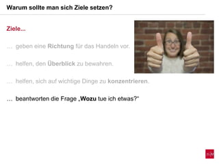 Ziele...
 geben eine Richtung für das Handeln vor.
 helfen, den Überblick zu bewahren.
 helfen, sich auf wichtige Dinge zu konzentrieren.
 beantworten die Frage „Wozu tue ich etwas?“
Warum sollte man sich Ziele setzen?
 