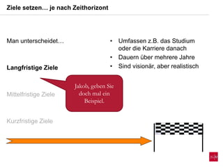 Man unterscheidet…
Langfristige Ziele
Mittelfristige Ziele
Kurzfristige Ziele
• Umfassen z.B. das Studium
oder die Karriere danach
• Dauern über mehrere Jahre
• Sind visionär, aber realistisch
Ziele setzen… je nach Zeithorizont
Jakob, geben Sie
doch mal ein
Beispiel.
 