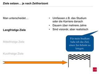 Man unterscheidet…
Langfristige Ziele
Mittelfristige Ziele
Kurzfristige Ziele
• Umfassen z.B. das Studium
oder die Karriere danach
• Dauern über mehrere Jahre
• Sind visionär, aber realistisch
Ziele setzen… je nach Zeithorizont
Für mein Studium
habe ich das Ziel,
einen 2er-Schnitt zu
kriegen.
 