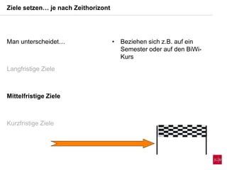 Man unterscheidet…
Langfristige Ziele
Mittelfristige Ziele
Kurzfristige Ziele
• Beziehen sich z.B. auf ein
Semester oder auf den BiWi-
Kurs
Ziele setzen… je nach Zeithorizont
 