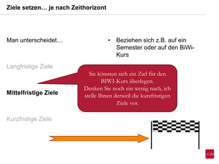 Man unterscheidet…
Langfristige Ziele
Mittelfristige Ziele
Kurzfristige Ziele
• Beziehen sich z.B. auf ein
Semester oder auf den BiWi-
Kurs
Ziele setzen… je nach Zeithorizont
Sie könnten sich ein Ziel für den
BIWI-Kurs überlegen.
Denken Sie noch ein wenig nach, ich
stelle Ihnen derweil die kurzfristigen
Ziele vor.
 