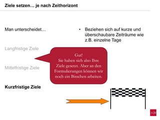 Man unterscheidet…
Langfristige Ziele
Mittelfristige Ziele
Kurzfristige Ziele
• Beziehen sich auf kurze und
überschaubare Zeiträume wie
z.B. einzelne Tage
Ziele setzen… je nach Zeithorizont
Gut!
Sie haben sich also Ihre
Ziele gesetzt. Aber an den
Formulierungen können wir
noch ein Bisschen arbeiten.
 