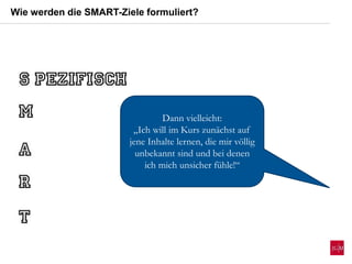 Wie werden die SMART-Ziele formuliert?
Dann vielleicht:
„Ich will im Kurs zunächst auf
jene Inhalte lernen, die mir völlig
unbekannt sind und bei denen
ich mich unsicher fühle!“
 
