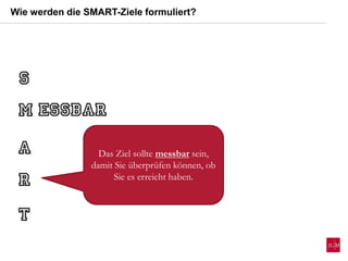 Wie werden die SMART-Ziele formuliert?
Das Ziel sollte messbar sein,
damit Sie überprüfen können, ob
Sie es erreicht haben.
 