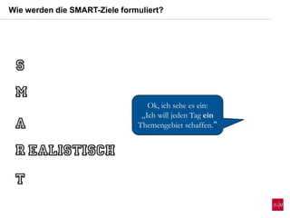Wie werden die SMART-Ziele formuliert?
Ok, ich sehe es ein:
„Ich will jeden Tag ein
Themengebiet schaffen.“
 