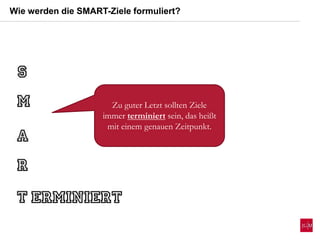 Wie werden die SMART-Ziele formuliert?
Zu guter Letzt sollten Ziele
immer terminiert sein, das heißt
mit einem genauen Zeitpunkt.
 