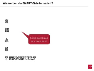 Wie werden die SMART-Ziele formuliert?
Sonst macht man
es ja doch nicht.
 