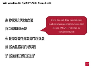 Wie werden die SMART-Ziele formuliert?
Wenn Sie sich Ihre persönlichen
Zielsetzungen definieren, versuchen
Sie die SMART-Kriterien zu
berücksichtigen!
 