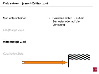 Man unterscheidet…
Langfristige Ziele
Mittelfristige Ziele
Kurzfristige Ziele
Ziele setzen… je nach Zeithorizont
• Beziehen sich z.B. auf ein
Semester oder auf die
Vorlesung
 