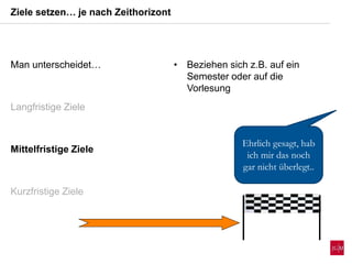 Man unterscheidet…
Langfristige Ziele
Mittelfristige Ziele
Kurzfristige Ziele
Ziele setzen… je nach Zeithorizont
Ehrlich gesagt, hab
ich mir das noch
gar nicht überlegt..
• Beziehen sich z.B. auf ein
Semester oder auf die
Vorlesung
 