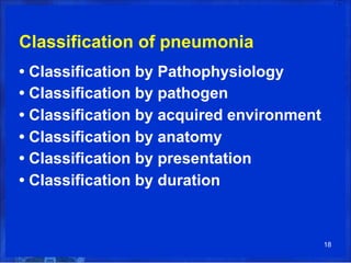 Classification of pneumonia
• Classification by Pathophysiology
• Classification by pathogen
• Classification by acquired environment
• Classification by anatomy
• Classification by presentation
• Classification by duration
18
 