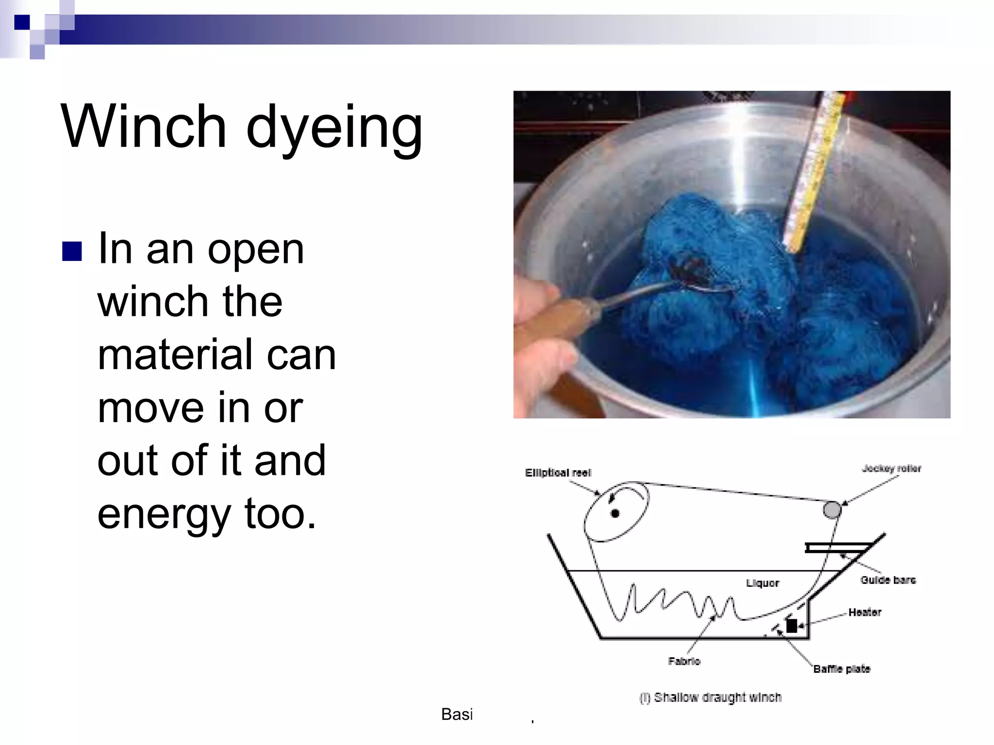 Winch dyeing
 In an open
winch the
material can
move in or
out of it and
energy too.
Basic concepts 11
 