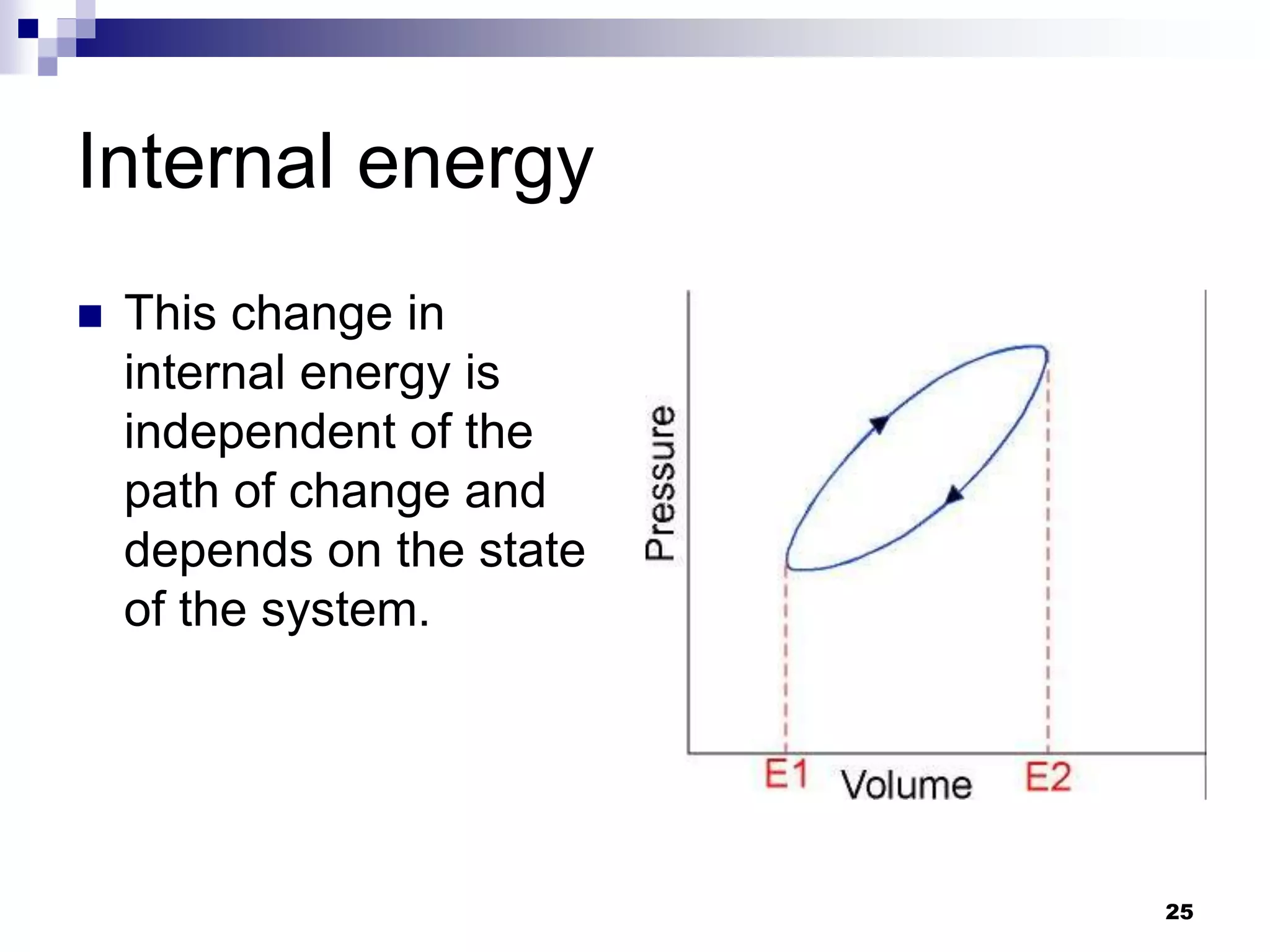 Internal energy
 This change in
internal energy is
independent of the
path of change and
depends on the state
of the system.
25
 