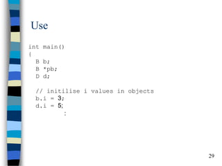 29 
Use 
int main() { B b; B *pb; D d; // initilise i values in objects b.i = 3; d.i = 5; :  