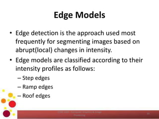 Edge Models
• Edge detection is the approach used most
frequently for segmenting images based on
abrupt(local) changes in intensity.
• Edge models are classified according to their
intensity profiles as follows:
– Step edges
– Ramp edges
– Roof edges
COM 2304 - Computer Graphics & Image
Processing
14
 