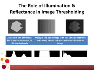 The Role of Illumination &
Reflectance in Image Thresholding
COM 2304 - Computer Graphics & Image
Processing
29
Gaussian noise of 0 mean
and standard deviation of
10 intensity levels
Multiply the noise image with this variable intensity
function to obtain the non-uniformly illuminated
image.
 